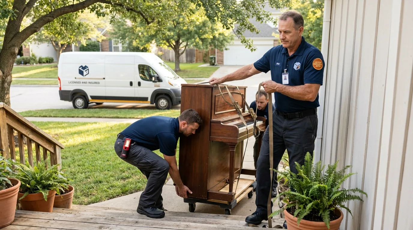Licensed piano movers securing grand piano in Casey, IL